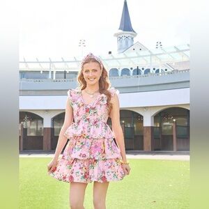 NWT Laura Ashley Pink Floral Ruffle Kentucky Derby Mini Dress